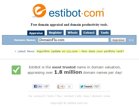 Domain name appraisal tools estibot